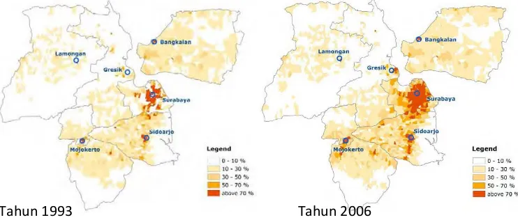 Gambar 3. Rasio Penggunaan Lahan pada Kawasan Terbangun Menurut Desa/Kelurahan dalam tahun 1993 Dan 2006 
