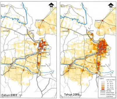 Gambar 4. Proses Urbanisasi dan Rasio Penggunaan Lahan pada Kawasan Terbangun di Daerah Metropolitan Surabaya dalam tahun 1993 dan 2006 