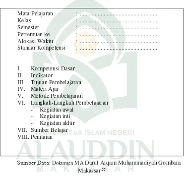 Tabel 4.7 Format RPP al-Qur’an Hadis MA Darul Arqam Muhammadiyah Gombara Makassar 