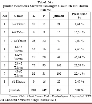 Tabel. 03.a Data Penduduk RK 001 Pate’ne Dusun Pate’ne