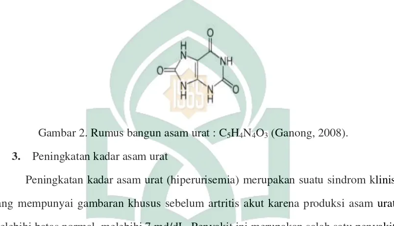 Gambar 2. Rumus bangun asam urat : C5H4N4O3 (Ganong, 2008). 