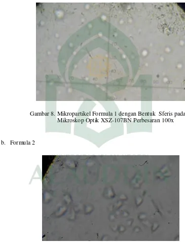 Gambar 9. Mikropartikel Formula 2 dengan Bentuk Non Sferis  pada Mikroskop Optik XSZ-107BN Perbesaran 100x 