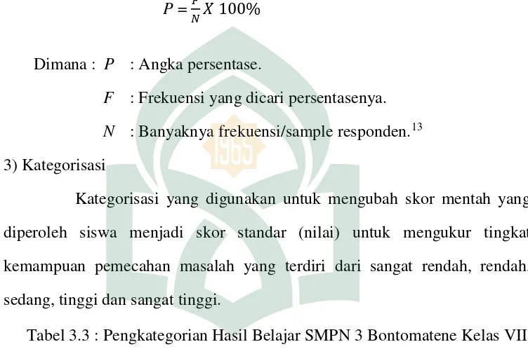 Tabel 3.3 : Pengkategorian Hasil Belajar SMPN 3 Bontomatene Kelas VII 