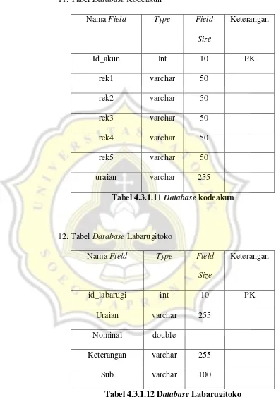 Tabel 4.3.1.11 Database kodeakun 