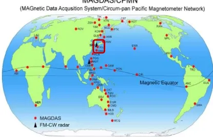 Gambar 2-1: Jaringan magnetometer MAGDAS/CPMN dan lokasinya di Indonesia Sumber: http://  www.serc.kyushu-u.ac.jp/magdas/MAGDAS_Project.files/image002.jpg  