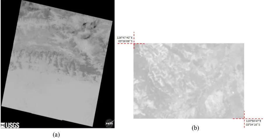 Figure 1. (a) raw imagery data downloaded from USGS[18]; (b) Land Surface Temperature after radiometric correction 