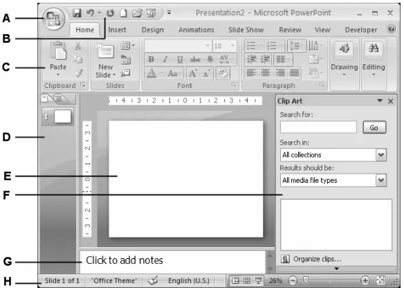Gambar 1-1. Area kerja Microsoft PowerPoint 2007 secara umum. 