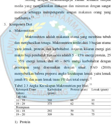 Tabel 2.3 Angka Kecukupan Makronutrien per Hari 33