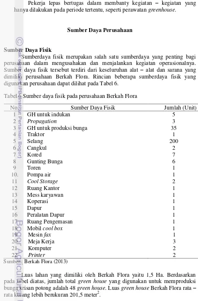 Tabel 6 Sumber daya fisik pada perusahaan Berkah Flora 