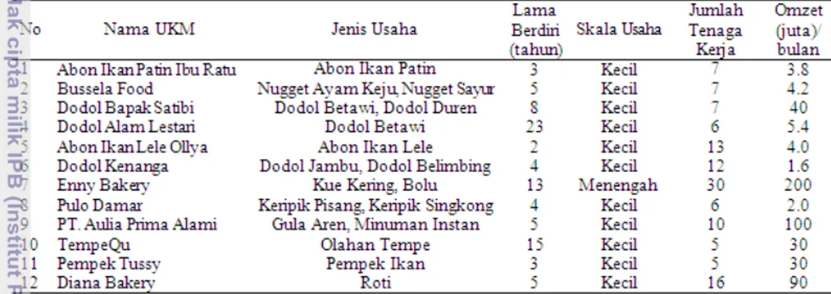 Tabel 4   Karakterisitik sampel UKM makanan dan minuman di kota Depok tahun  2013 