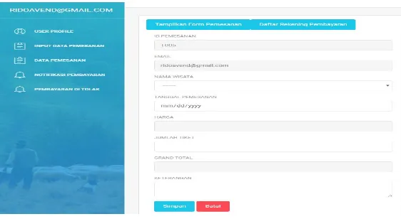 Gambar 7 merupakan formpengunjung untuk mengelola data pemesanan.  input data pemesanan yang digunakan oleh Form input data pemesanan ini digunakan ketika pengunjung ingin membeli tiket wisata