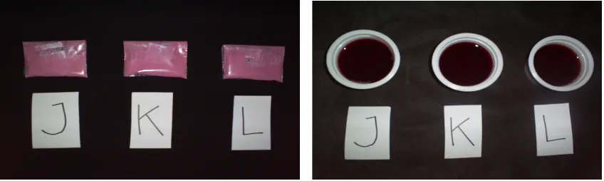 Gambar Serbuk Bit Merah pada Perbandingan Maltodekstrin dan Ekstrak Bit (20 : 80) (J) Temperatur Inlet 110°C; (K) Temperatur Inlet 130°C; (L) Temperatur Inlet 150°C 