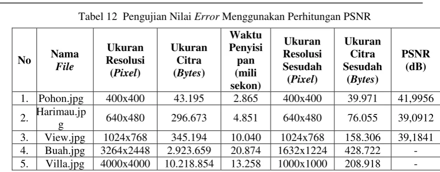 Tabel 12  Pengujian Nilai Error Menggunakan Perhitungan PSNR 