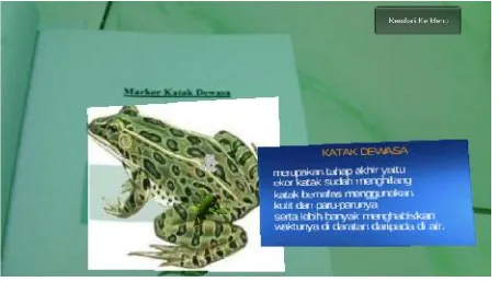Gambar 9 merupakan tampilan saat kamera smartphonekatak muda saat kamera menampilkan objek 3D berupa smartphone diarahkan ke marker katak muda.