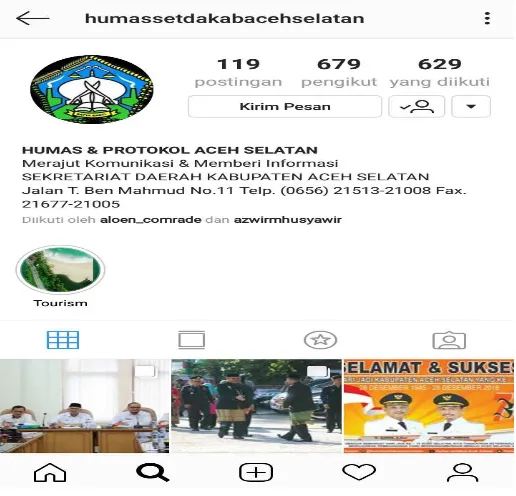Gambar 4.3 : halaman depan akun instagram Humas Pemerintah Kabupaten Aceh Selatan (Sumber Screen Shot tampilan depan akun instagram Humas 