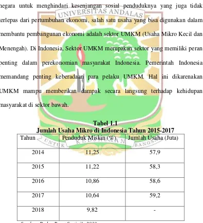 Tabel 1.1 Jumlah Usaha Mikro di Indonesia Tahun 2015-2017 