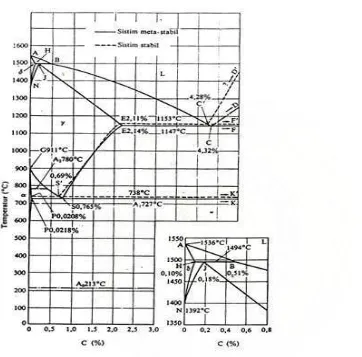 Gambar 2.6. Diagram kesetimbangan besi dan karbon untuk karbon sampai dengan 5% C Diagram di atas menunjukkan bahwa variasi temperatur transformasi 