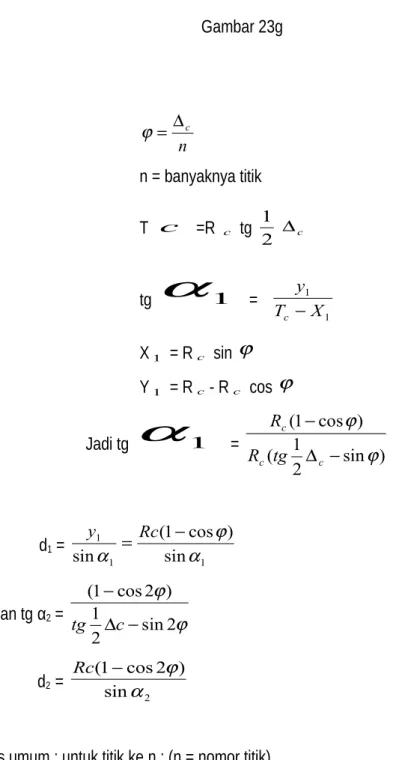Gambar 23g n c n = banyaknya titik T c  =R  c  tg  21  c tg  1 =  11XTyc X 1  = R c  sin   Y 1  = R c - R c  cos   Jadi tg  1  =  ) 2 sin(1)cos1( ccctgRR d 1  =  111sin )cos1(sinRcy dan tg α 2  =  2 2 sin1 )2cos1(ctg           d 2  