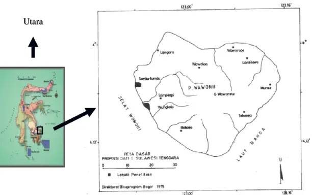 Gambar 1.  Peta lokasi penelitian hutan mangrove di Tumbu-tumbu, Lampeapi dan  Wungkolo, Pulau Wawonii  
