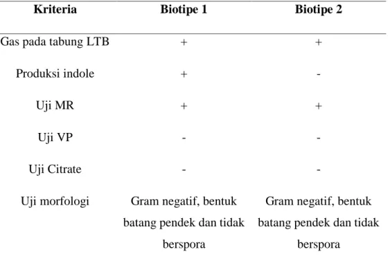 Tabel 2. Interpretasi hasil uji biokimia bakteri Escherichia coli . 