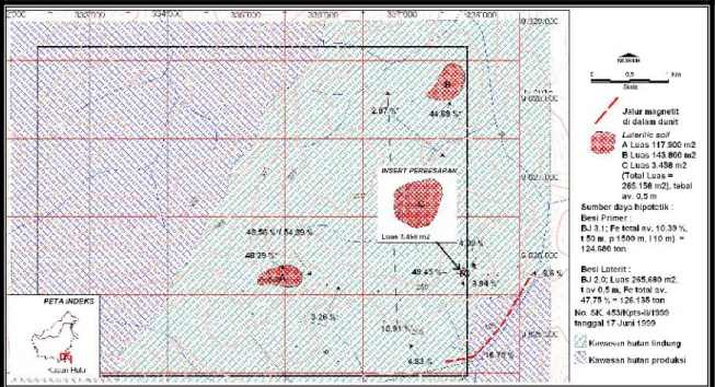 Gambar 5. Peta sebaran bijih besi didaerah Kusan Hulu, Kabupaten Tanah Bumbu Zona A : Di daerah ini zona lateritik ditemukan pada puncak perbukitan sekitar Bukit Belah, berupa bongkah-bongkah bijih besi berukuran 5 – 20 cm (Foto 2)