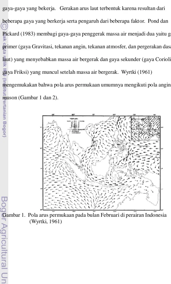Gambar 1.  Pola arus permukaan pada bulan Februari di perairan Indonesia (Wyrtki, 1961)