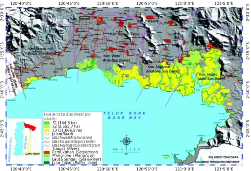Gambar 3. Peta kesesuaian lahan aktual tambak di Kabupaten Luwu Timur Provinsi Sulawesi  Selatan