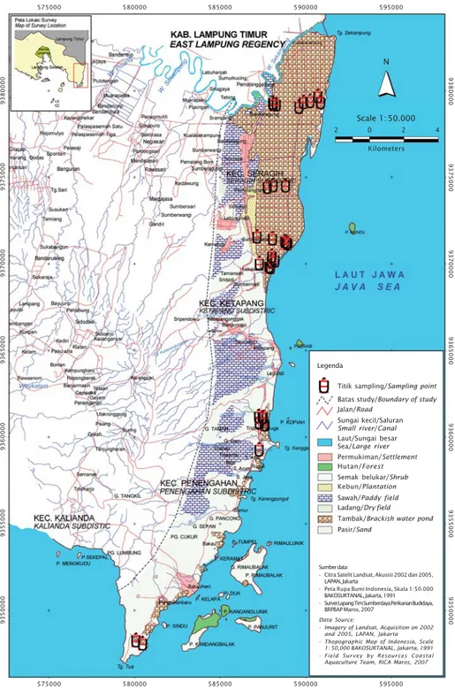 Gambar 1. Peta sebaran stasiun pengamatan kelayakan lahan budidaya tambak di Kabupaten Lampung Selatan