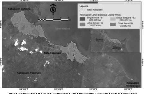 Gambar 3.  Peta kesesuaian lahan budidaya tambak di Kabupaten Pasuruan, Provinsi Jawa Timur
