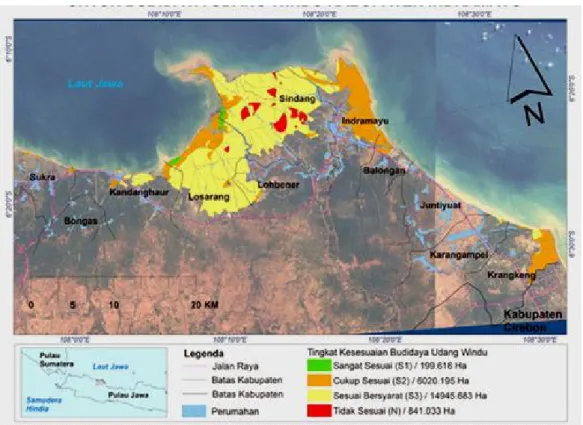 Gambar  2. Peta  kesesuaian  lahan  budidaya tambak  udang  di  Kabupaten  Indramayu, Provinsi  Jawa  Barat
