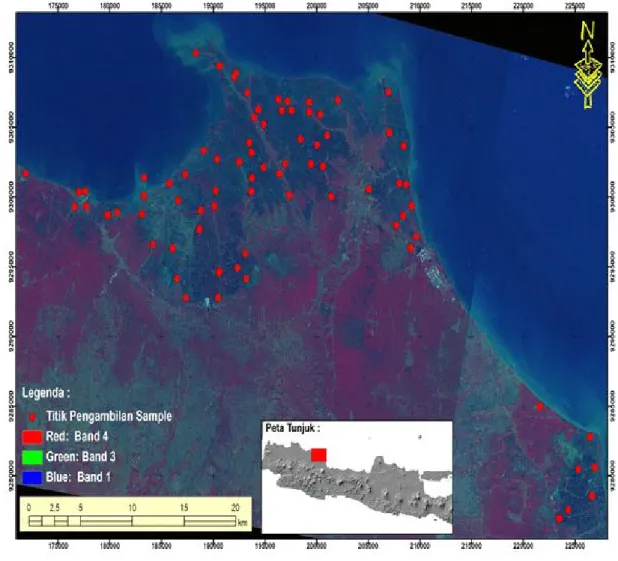 Gambar  1. Peta  sebaran  titik  pengukuran  dan  pengambilan  contoh  untuk  kesesuaian lahanbudidaya  tambak  udang  di  Kabupaten  Indramayu,  Jawa  Barat