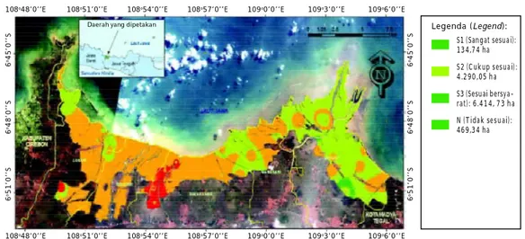 Gambar 11. Peta kesesuaian lahan aktual untuk budidaya udang windu di tambak Kabupaten Brebes Provinsi Jawa Tengah