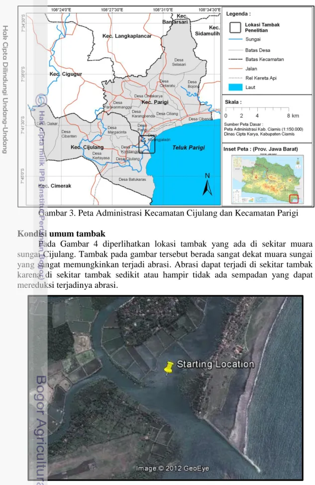Gambar 4. Lokasi tambak di sekitar muara sungai Cijulang  (sumber: www.google.com/maps) 
