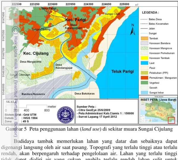 Gambar 5  Peta penggunaan lahan (land use) di sekitar muara Sungai Cijulang  Budidaya  tambak  memerlukan  lahan  yang  datar  dan  sebaiknya  dapat  digenangi langsung oleh air saat pasang
