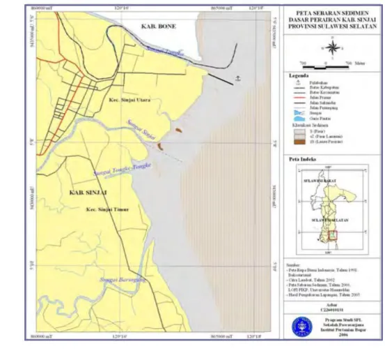 Gambar 16    Peta sebaran dasar sedimen perairan pantai                                      di kawasan pesisir Kabupaten Sinjai 
