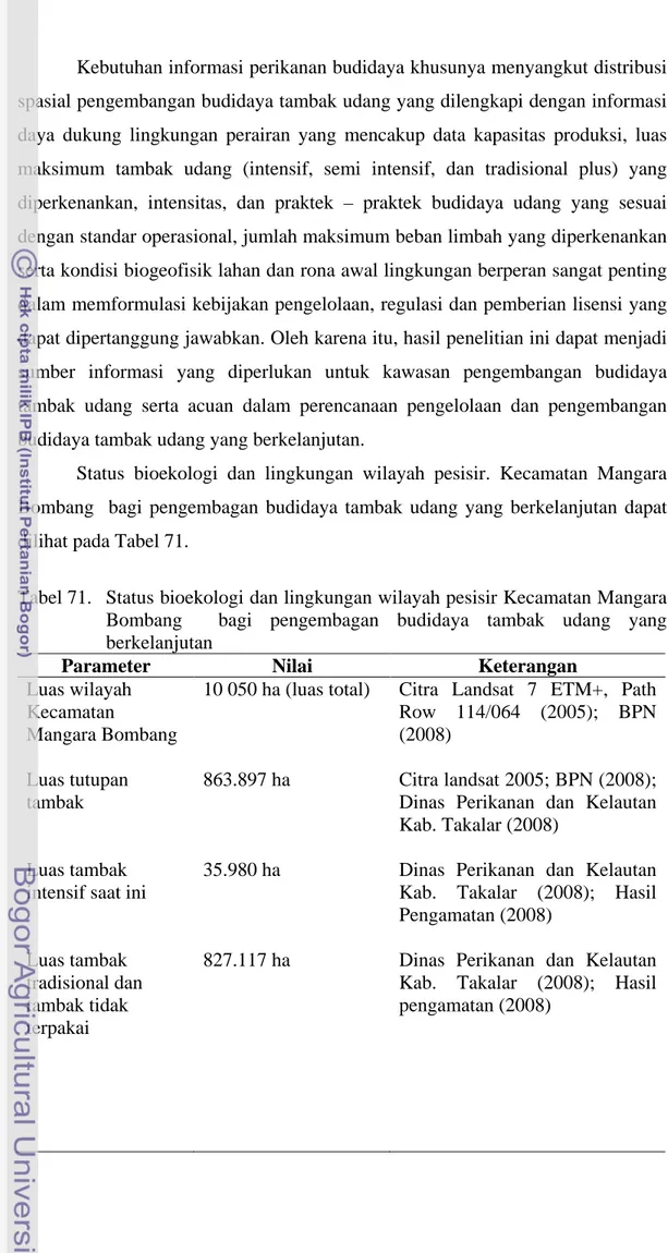 Tabel 71.  Status bioekologi dan lingkungan wilayah pesisir Kecamatan Mangara  Bombang    bagi pengembagan budidaya tambak udang yang  berkelanjutan  