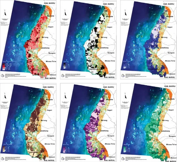Gambar 2. Peta distribusi spasial potensial redoks (kiri atas), pH F  (tengah atas), pH FOX  (kanan atas), pH F -pH FOX  (kiri bawah), pH KCl  (tengah bawah), dan pH OX  (kanan bawah) tanah tambak kedalaman  0-0,2 m di Kabupaten Pangkep, Provinsi Sulawesi 