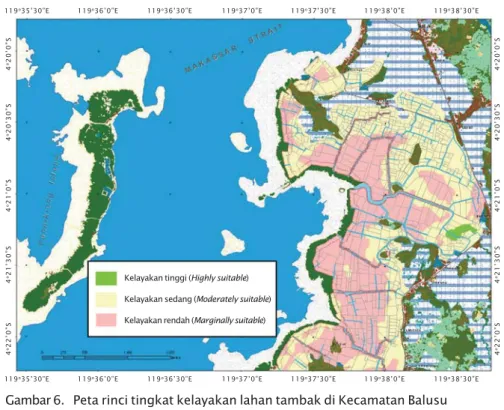 Figure 6. Detailed map of land suitability degrees for brackishwater aquaculture in Balusu District