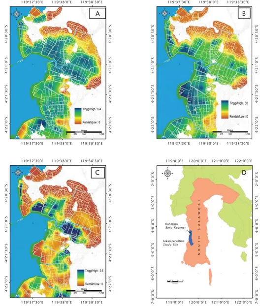 Figure 3. Thematic maps of soil chemical variables describing potential acidity of pond soil in Balusu District (A= map of pH F -pH FOX ; B= total organic matter/