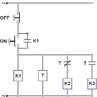 Gambar diatas adalah gambar wiring diagram star delta yang merupakan perpaduan antara interlock  kontaktor  dan  fungsi  NO  dan  NC  dari  timer
