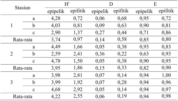 Tabel  3. Rata-rata  Indeks  Keanekaragaman  (H’),  Indeks  Dominasi  (D),  Indeks   Keseragaman (e) diatom epipelik dan diatom epifitik