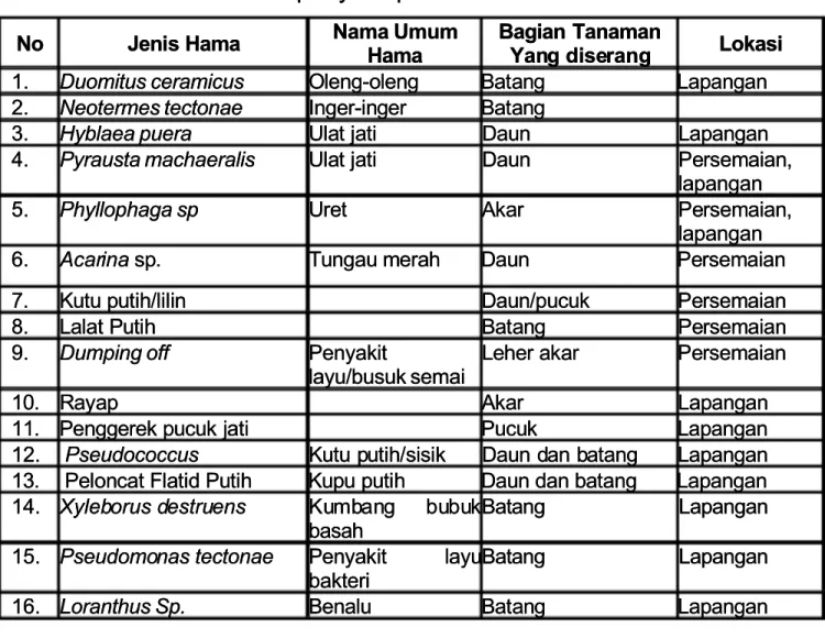 Tabel 4.1. Jenis hama dan 