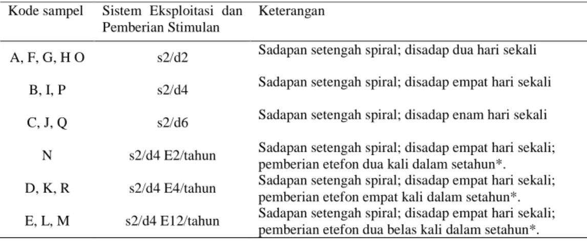 Tabel 1 Sistem eksploitasi dan pemberian stimulan pada tanaman karet. 