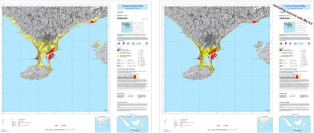Gambar 7: Peta Bahaya Tsunami Multi-skenario untuk wilayah Selatan Bali dengan memasukkan  (kiri) dan tidak memasukkan (kanan) skenario Magnitud 9 SR (oleh DLR)