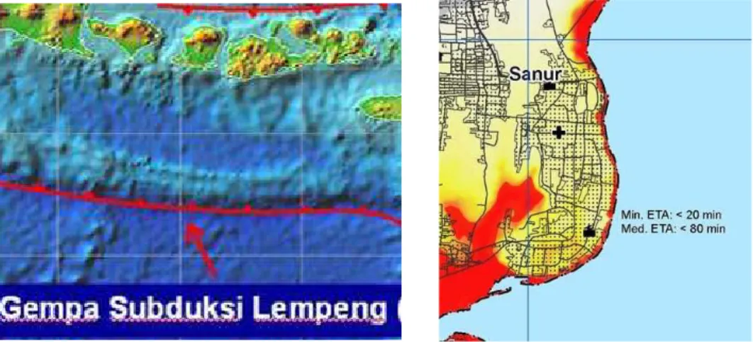Gambar 1 dan 2:Lokasi zona subduksi / Peta bahaya tsunami untuk Sanur. 
