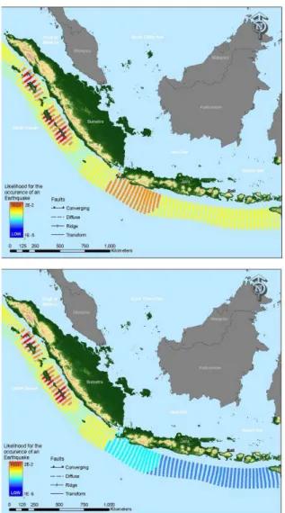 Gambar 9: Pengkajian kecenderungan yang dibedakan secara spasial bagi terjadinya  gempa bumi dengan magnitudo tertentu di sepanjang Palung Sunda (atas: M w  8.0, 