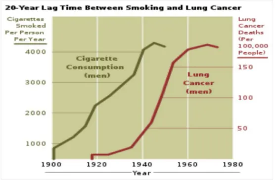 Gambar  1. peningkatan merokok pada populasi diikuti dengan peningkatan kematian                      akibat kanker paru