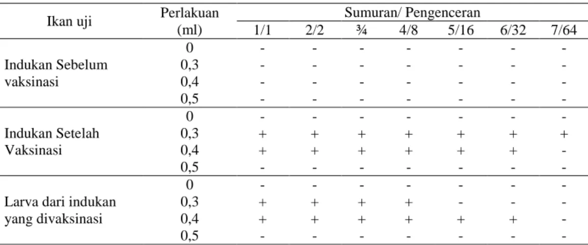 Tabel 1. Reaksi uji titer antibodi pada induk dan larva  Ikan uji  Perlakuan 