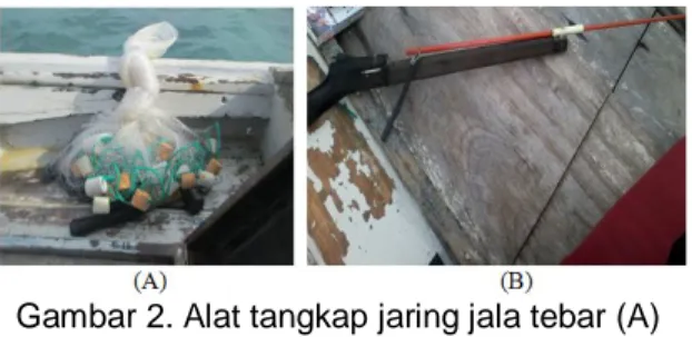 Gambar 2. Alat tangkap jaring jala tebar (A)  dan alat tangkap panahan ikan Mandarin 