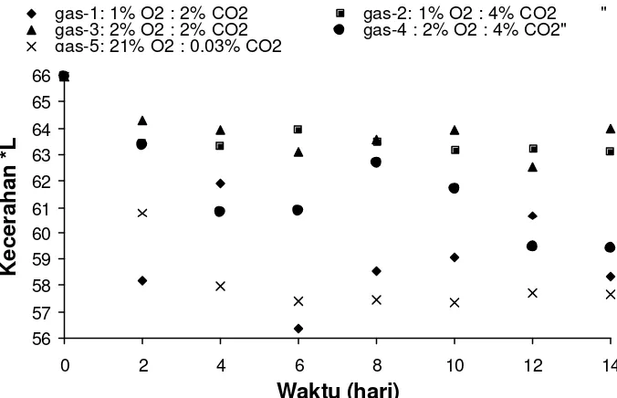 Gambar 17  Perubahan kecerahan (*L) irisan wortel (W2) pada berbagai                    komposisi gas selama penyimpanan pada suhu 5 oC
